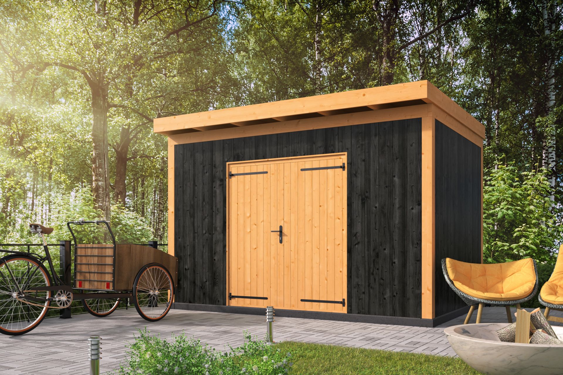 DHZ berging Enter 400 x 300 cm incl. dubbele deur, verticale wanden zwart geïmpregneerd DHZ berging Enter 400 x 300 cm v - Afbeelding 1